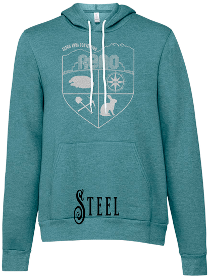 Steel hoodie with the Biggest Little Reunion crest in metallic silver - a rabbit, a cavy, a pick and shovel, and a compass under the Reno arch. 103rd ARBA Convention.