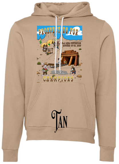 Tan fleece hoodie with the Prospecting for Champions design on the chest, showing cartoon rabbit and cavy prospectors working a silver claim. 103rd ARBA Convention, Reno.