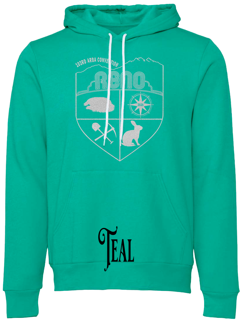 Teal hoodie with the Biggest Little Reunion crest in metallic silver - a rabbit, a cavy, a pick and shovel, and a compass under the Reno arch. 103rd ARBA Convention.
