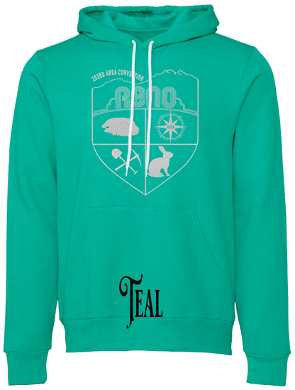 Teal hoodie with the Biggest Little Reunion crest in metallic silver - a rabbit, a cavy, a pick and shovel, and a compass under the Reno arch. 103rd ARBA Convention.
