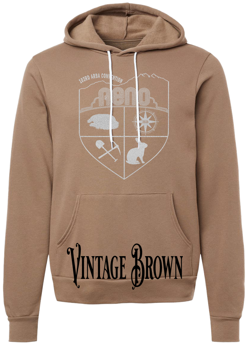 Vintage Brown hoodie with the Biggest Little Reunion crest in metallic silver - a rabbit, a cavy, a pick and shovel, and a compass under the Reno arch. 103rd ARBA Convention.