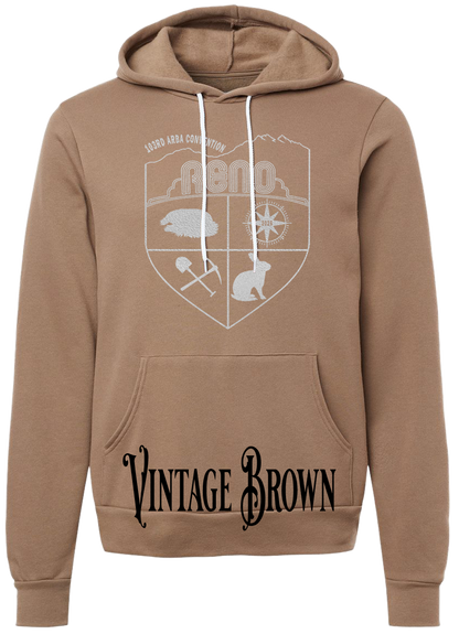 Vintage Brown hoodie with the Biggest Little Reunion crest in metallic silver - a rabbit, a cavy, a pick and shovel, and a compass under the Reno arch. 103rd ARBA Convention.