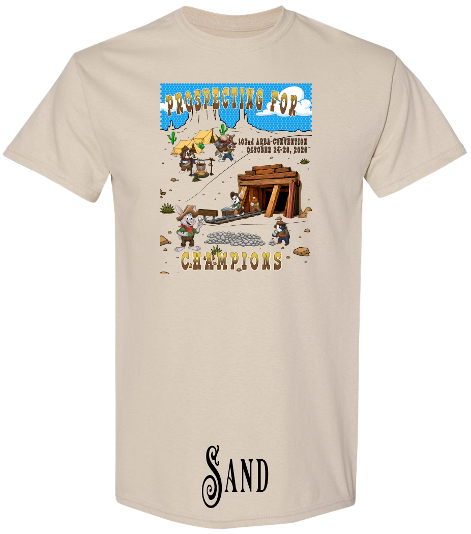 Sand plus size t-shirt with the Prospecting for Champions design on the chest, showing cartoon rabbit and cavy prospectors working a silver claim. 103rd ARBA Convention, Reno.