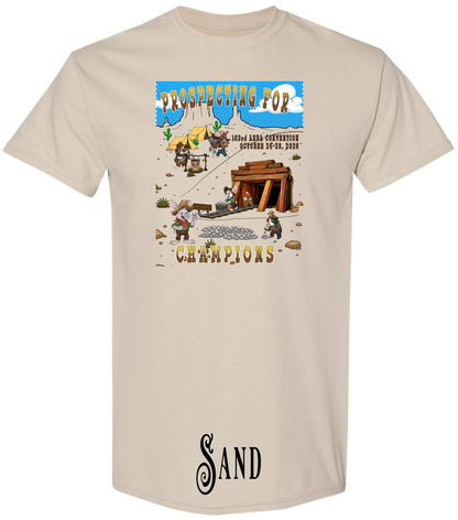 Sand plus size t-shirt with the Prospecting for Champions design on the chest, showing cartoon rabbit and cavy prospectors working a silver claim. 103rd ARBA Convention, Reno.