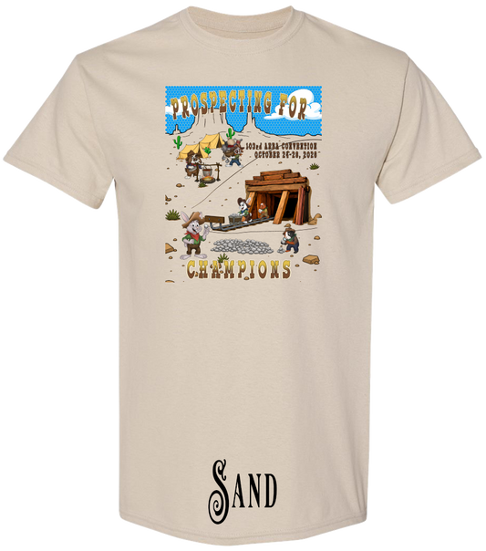 Sand plus size t-shirt with the Prospecting for Champions design on the chest, showing cartoon rabbit and cavy prospectors working a silver claim. 103rd ARBA Convention, Reno.