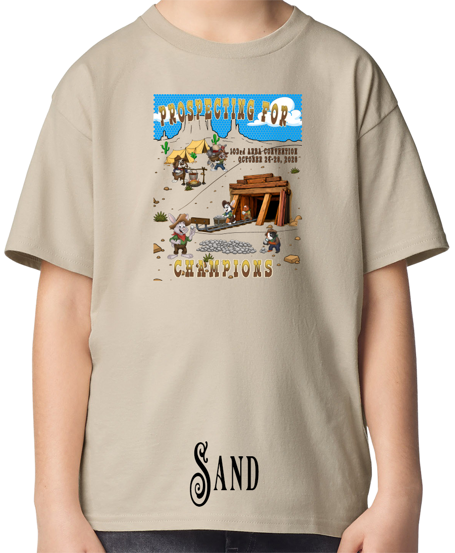 Sand youth t-shirt with the Prospecting for Champions design on the chest, showing cartoon rabbit and cavy prospectors working a silver claim. 103rd ARBA Convention, Reno.