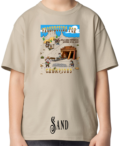 Sand youth t-shirt with the Prospecting for Champions design on the chest, showing cartoon rabbit and cavy prospectors working a silver claim. 103rd ARBA Convention, Reno.