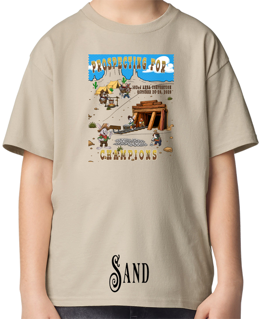 Sand youth t-shirt with the Prospecting for Champions design on the chest, showing cartoon rabbit and cavy prospectors working a silver claim. 103rd ARBA Convention, Reno.