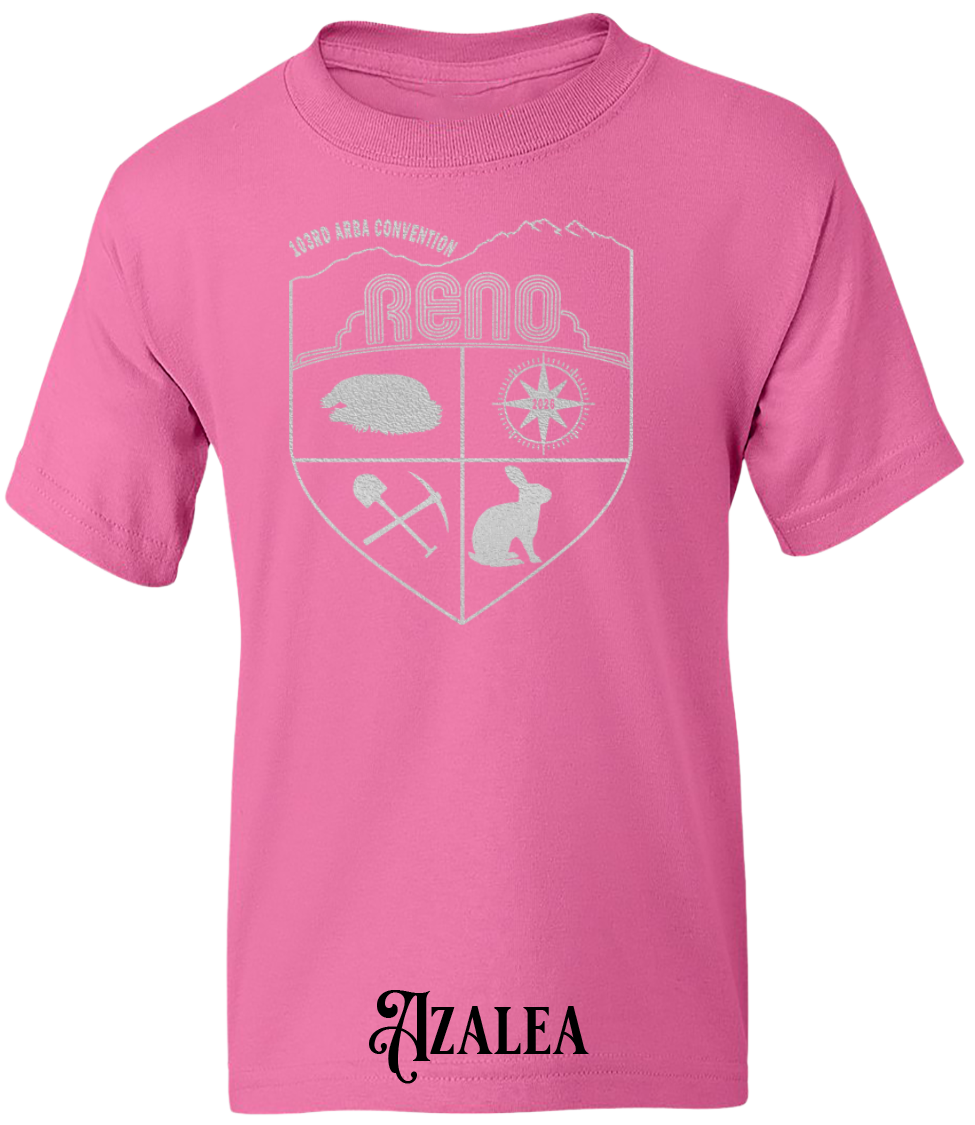 Azalea youth t-shirt with the Biggest Little Reunion crest in metallic silver - a rabbit, a cavy, a pick and shovel, and a compass under the Reno arch. 103rd ARBA Convention.