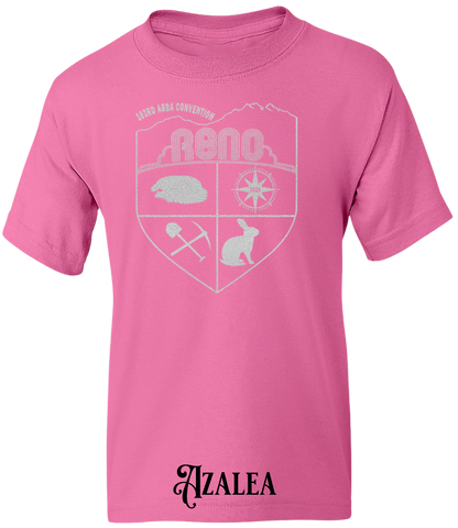 Azalea youth t-shirt with the Biggest Little Reunion crest in metallic silver - a rabbit, a cavy, a pick and shovel, and a compass under the Reno arch. 103rd ARBA Convention.
