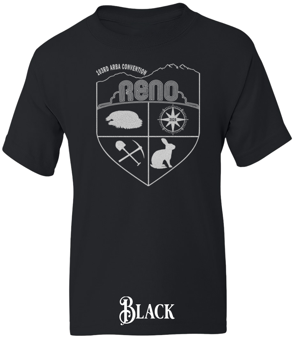Black youth t-shirt with the Biggest Little Reunion crest in metallic silver - a rabbit, a cavy, a pick and shovel, and a compass under the Reno arch. 103rd ARBA Convention.