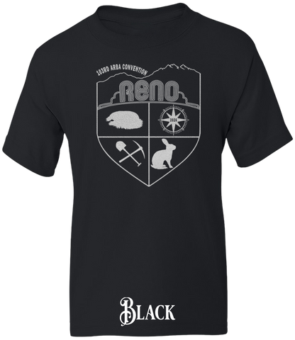 Black youth t-shirt with the Biggest Little Reunion crest in metallic silver - a rabbit, a cavy, a pick and shovel, and a compass under the Reno arch. 103rd ARBA Convention.