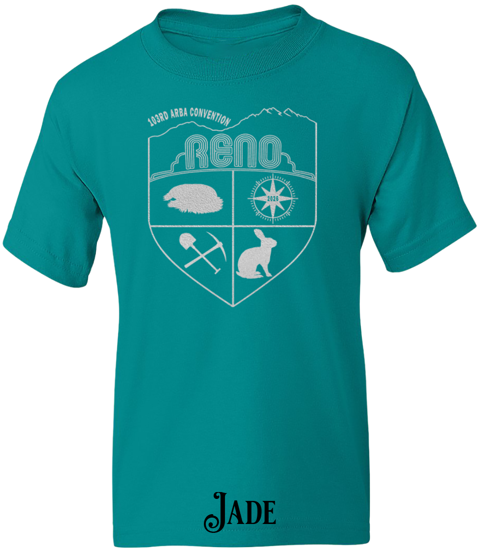 Jade youth t-shirt with the Biggest Little Reunion crest in metallic silver - a rabbit, a cavy, a pick and shovel, and a compass under the Reno arch. 103rd ARBA Convention.