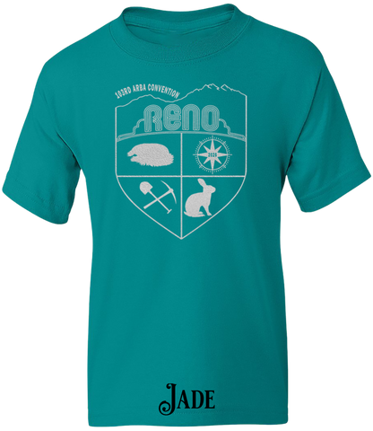 Jade youth t-shirt with the Biggest Little Reunion crest in metallic silver - a rabbit, a cavy, a pick and shovel, and a compass under the Reno arch. 103rd ARBA Convention.