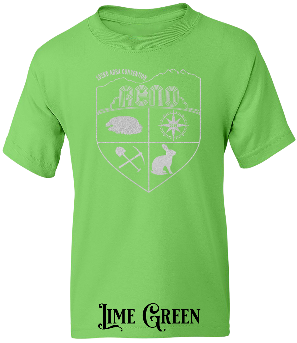 Lime Green youth t-shirt with the Biggest Little Reunion crest in metallic silver - a rabbit, a cavy, a pick and shovel, and a compass under the Reno arch. 103rd ARBA Convention.