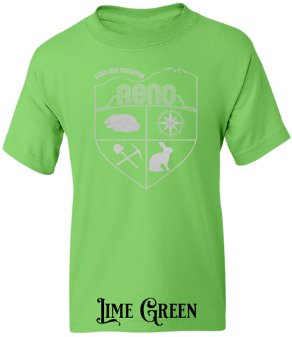 Lime Green youth t-shirt with the Biggest Little Reunion crest in metallic silver - a rabbit, a cavy, a pick and shovel, and a compass under the Reno arch. 103rd ARBA Convention.
