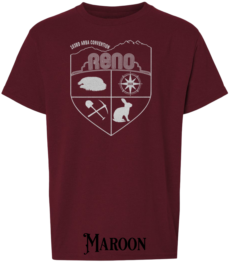 Maroon youth t-shirt with the Biggest Little Reunion crest in metallic silver - a rabbit, a cavy, a pick and shovel, and a compass under the Reno arch. 103rd ARBA Convention.