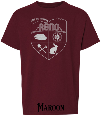 Maroon youth t-shirt with the Biggest Little Reunion crest in metallic silver - a rabbit, a cavy, a pick and shovel, and a compass under the Reno arch. 103rd ARBA Convention.