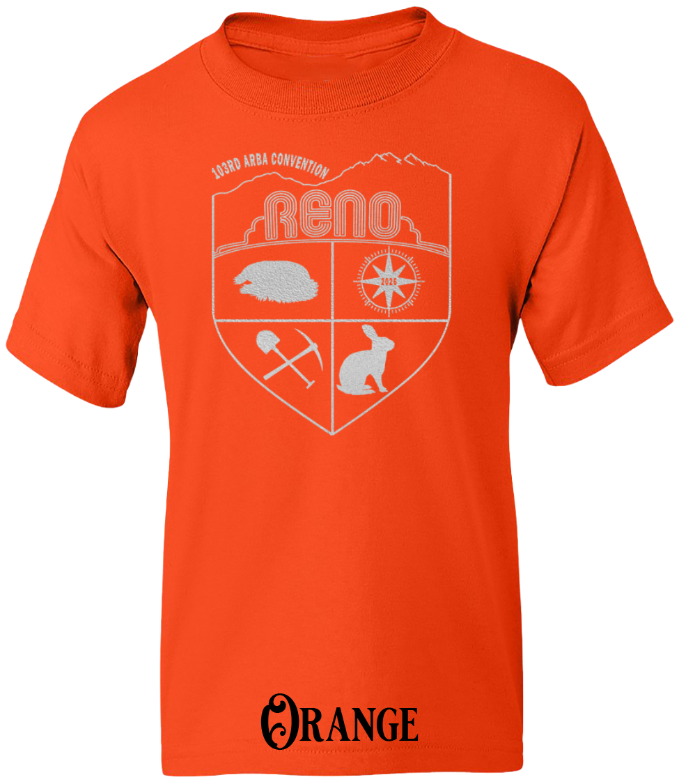 Orange youth t-shirt with the Biggest Little Reunion crest in metallic silver - a rabbit, a cavy, a pick and shovel, and a compass under the Reno arch. 103rd ARBA Convention.