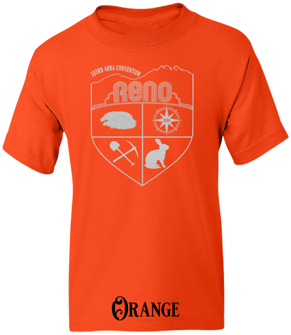 Orange youth t-shirt with the Biggest Little Reunion crest in metallic silver - a rabbit, a cavy, a pick and shovel, and a compass under the Reno arch. 103rd ARBA Convention.