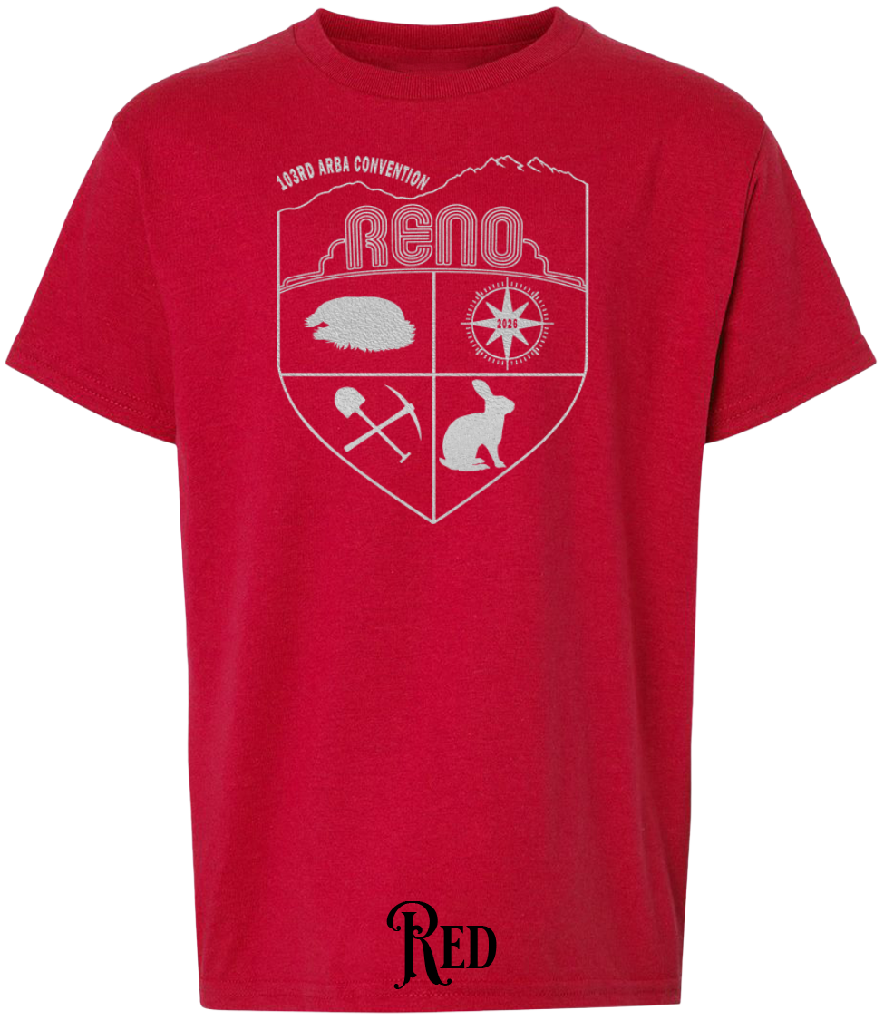 Red youth t-shirt with the Biggest Little Reunion crest in metallic silver - a rabbit, a cavy, a pick and shovel, and a compass under the Reno arch. 103rd ARBA Convention.
