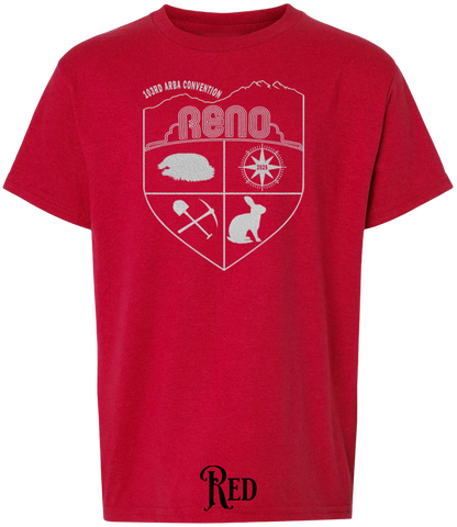 Red youth t-shirt with the Biggest Little Reunion crest in metallic silver - a rabbit, a cavy, a pick and shovel, and a compass under the Reno arch. 103rd ARBA Convention.