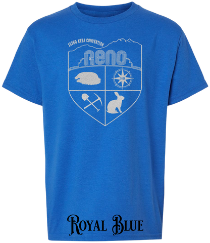 Royal Blue youth t-shirt with the Biggest Little Reunion crest in metallic silver - a rabbit, a cavy, a pick and shovel, and a compass under the Reno arch. 103rd ARBA Convention.