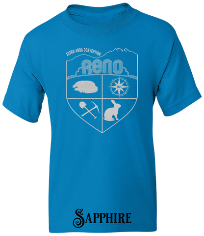 Sapphire youth t-shirt with the Biggest Little Reunion crest in metallic silver - a rabbit, a cavy, a pick and shovel, and a compass under the Reno arch. 103rd ARBA Convention.