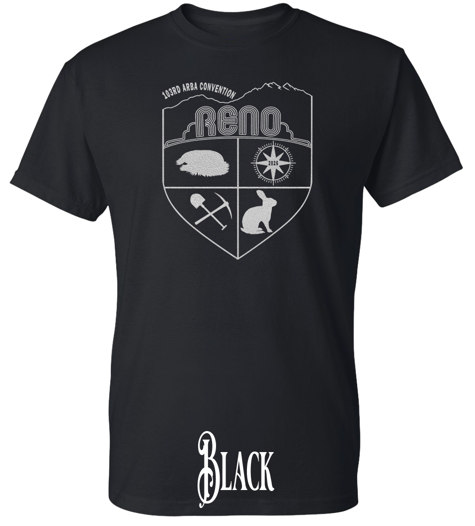 Black plus size t-shirt with the Biggest Little Reunion crest in metallic silver - a rabbit, a cavy, a pick and shovel, and a compass under the Reno arch. 103rd ARBA Convention.