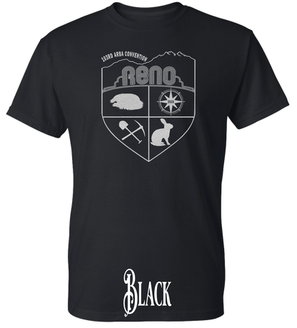 Black plus size t-shirt with the Biggest Little Reunion crest in metallic silver - a rabbit, a cavy, a pick and shovel, and a compass under the Reno arch. 103rd ARBA Convention.