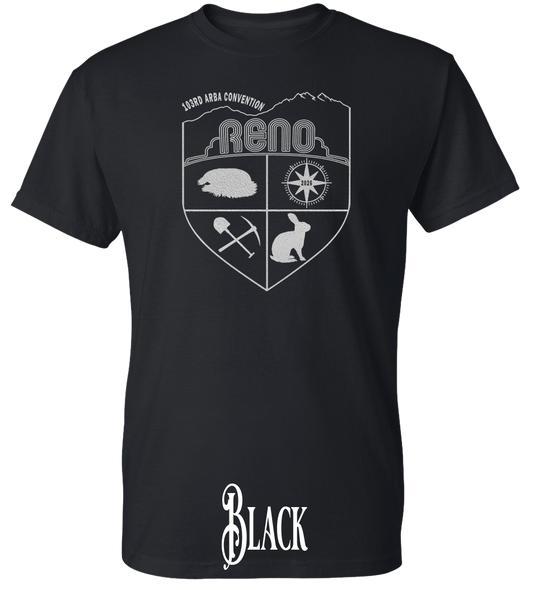 Black plus size t-shirt with the Biggest Little Reunion crest in metallic silver - a rabbit, a cavy, a pick and shovel, and a compass under the Reno arch. 103rd ARBA Convention.