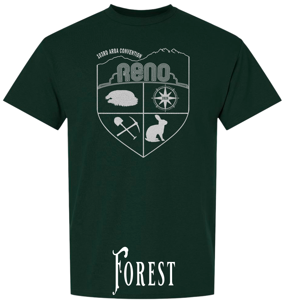 Forest Green plus size t-shirt with the Biggest Little Reunion crest in metallic silver - a rabbit, a cavy, a pick and shovel, and a compass under the Reno arch. 103rd ARBA Convention.