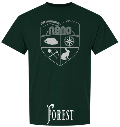 Forest Green plus size t-shirt with the Biggest Little Reunion crest in metallic silver - a rabbit, a cavy, a pick and shovel, and a compass under the Reno arch. 103rd ARBA Convention.
