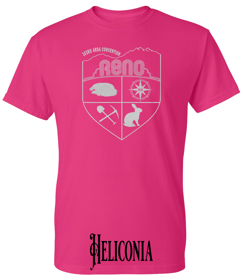 Heliconia plus size t-shirt with the Biggest Little Reunion crest in metallic silver - a rabbit, a cavy, a pick and shovel, and a compass under the Reno arch. 103rd ARBA Convention.
