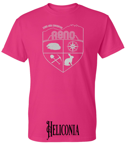 Heliconia plus size t-shirt with the Biggest Little Reunion crest in metallic silver - a rabbit, a cavy, a pick and shovel, and a compass under the Reno arch. 103rd ARBA Convention.
