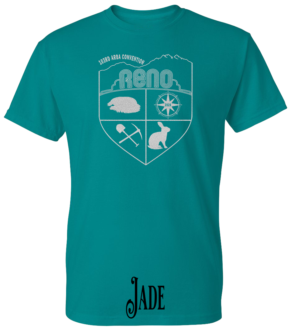 Jade plus size t-shirt with the Biggest Little Reunion crest in metallic silver - a rabbit, a cavy, a pick and shovel, and a compass under the Reno arch. 103rd ARBA Convention.
