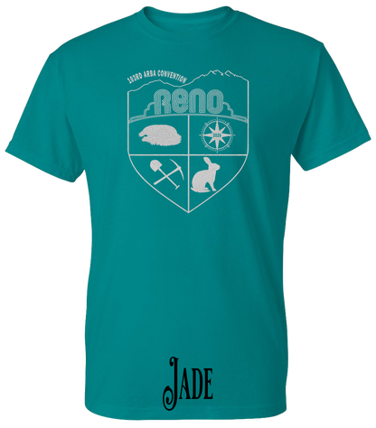 Jade plus size t-shirt with the Biggest Little Reunion crest in metallic silver - a rabbit, a cavy, a pick and shovel, and a compass under the Reno arch. 103rd ARBA Convention.