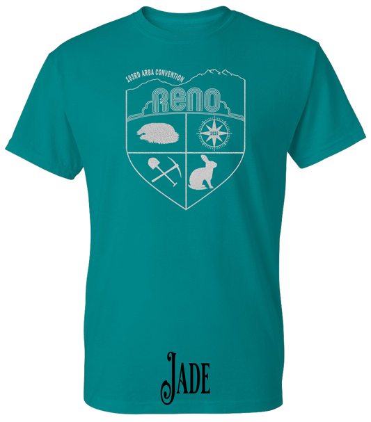 Jade plus size t-shirt with the Biggest Little Reunion crest in metallic silver - a rabbit, a cavy, a pick and shovel, and a compass under the Reno arch. 103rd ARBA Convention.