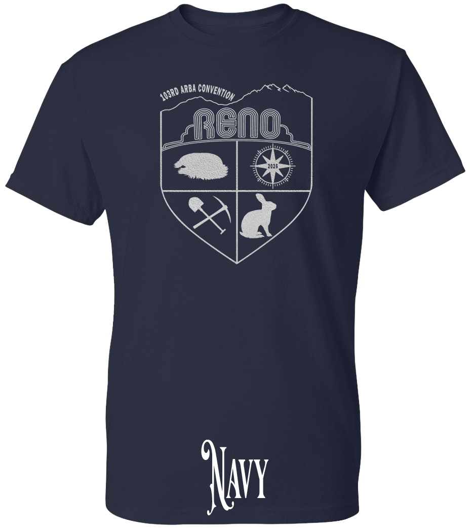 Navy plus size t-shirt with the Biggest Little Reunion crest in metallic silver - a rabbit, a cavy, a pick and shovel, and a compass under the Reno arch. 103rd ARBA Convention.