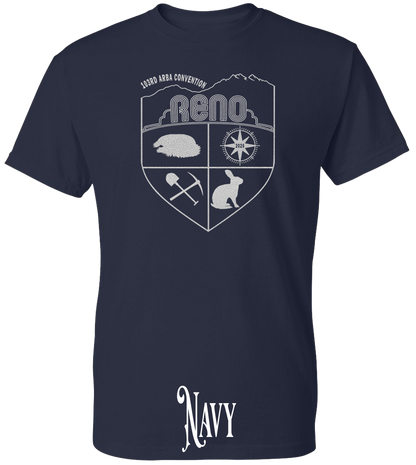 Navy plus size t-shirt with the Biggest Little Reunion crest in metallic silver - a rabbit, a cavy, a pick and shovel, and a compass under the Reno arch. 103rd ARBA Convention.