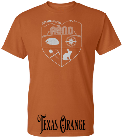Texas Orange plus size t-shirt with the Biggest Little Reunion crest in metallic silver - a rabbit, a cavy, a pick and shovel, and a compass under the Reno arch. 103rd ARBA Convention.