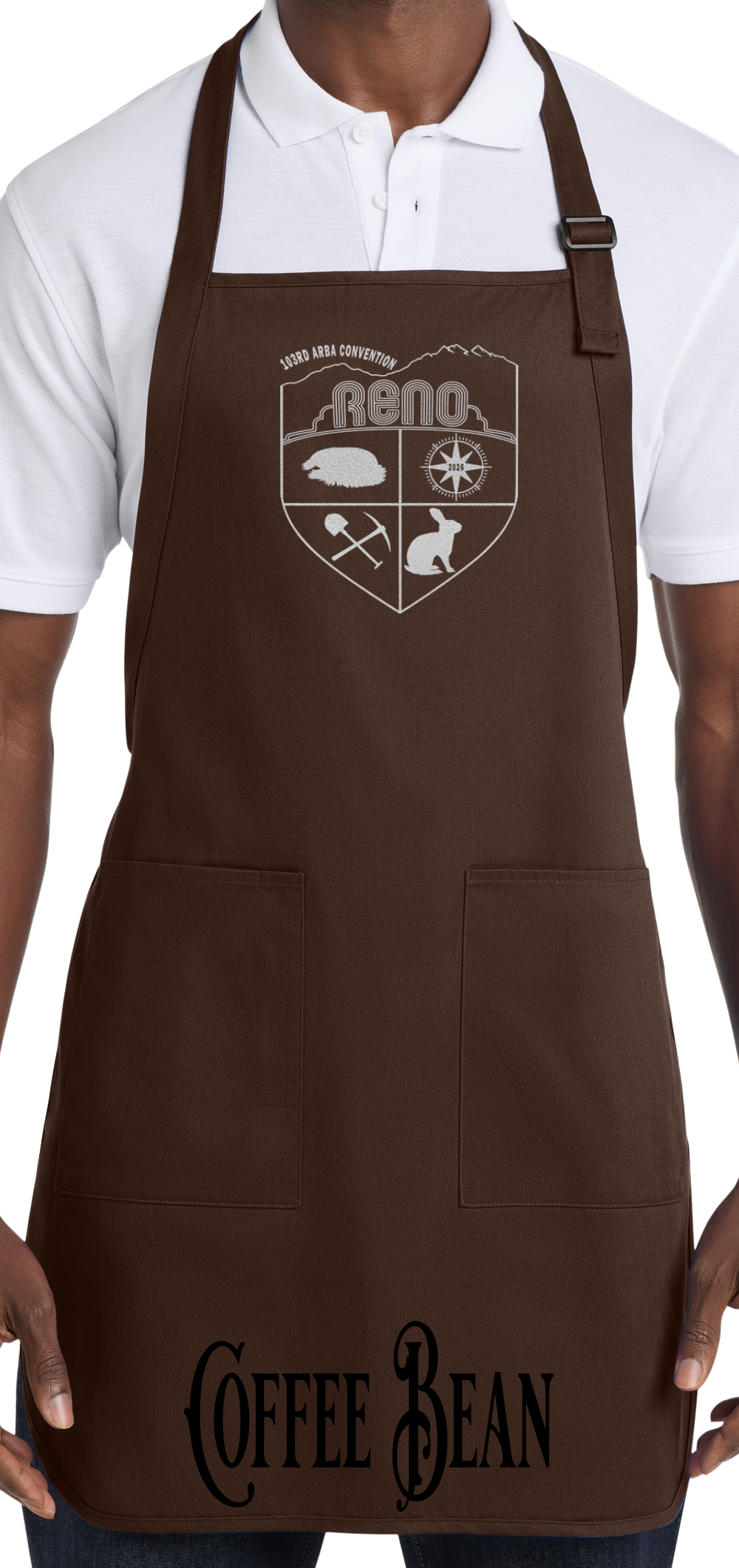 Coffee Bean apron with the Biggest Little Reunion crest in metallic silver - a rabbit, a cavy, a pick and shovel, and a compass under the Reno arch. 103rd ARBA Convention.