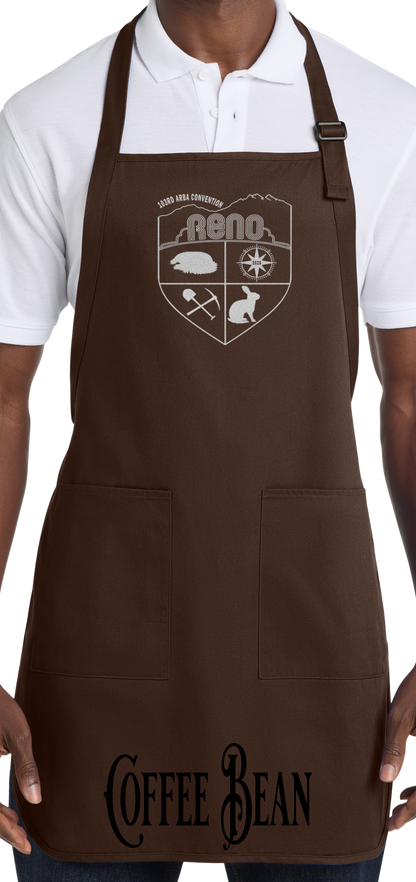 Coffee Bean apron with the Biggest Little Reunion crest in metallic silver - a rabbit, a cavy, a pick and shovel, and a compass under the Reno arch. 103rd ARBA Convention.