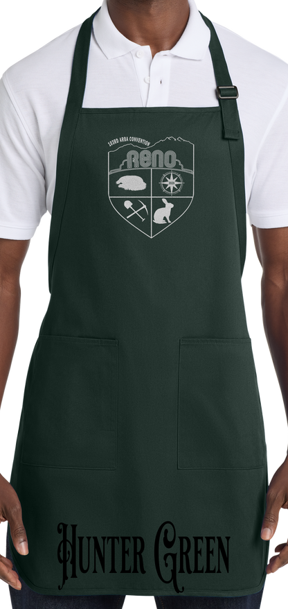 Hunter Green apron with the Biggest Little Reunion crest in metallic silver - a rabbit, a cavy, a pick and shovel, and a compass under the Reno arch. 103rd ARBA Convention.