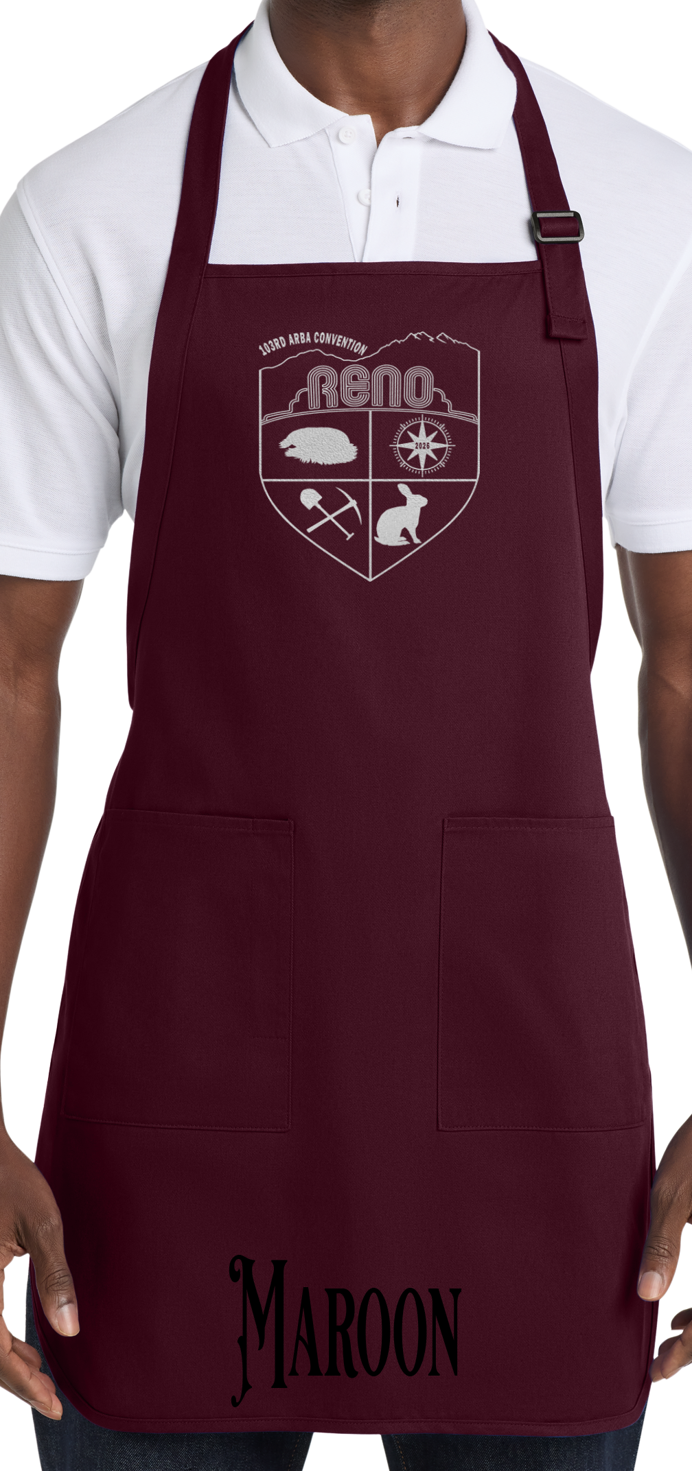 Maroon apron with the Biggest Little Reunion crest in metallic silver - a rabbit, a cavy, a pick and shovel, and a compass under the Reno arch. 103rd ARBA Convention.