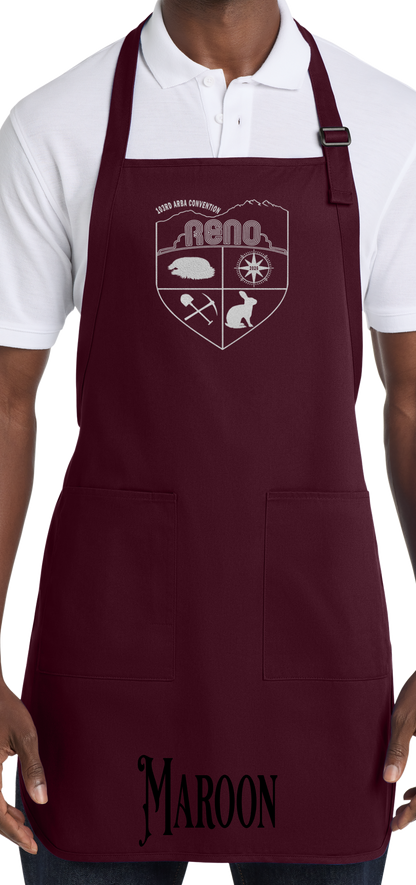 Maroon apron with the Biggest Little Reunion crest in metallic silver - a rabbit, a cavy, a pick and shovel, and a compass under the Reno arch. 103rd ARBA Convention.