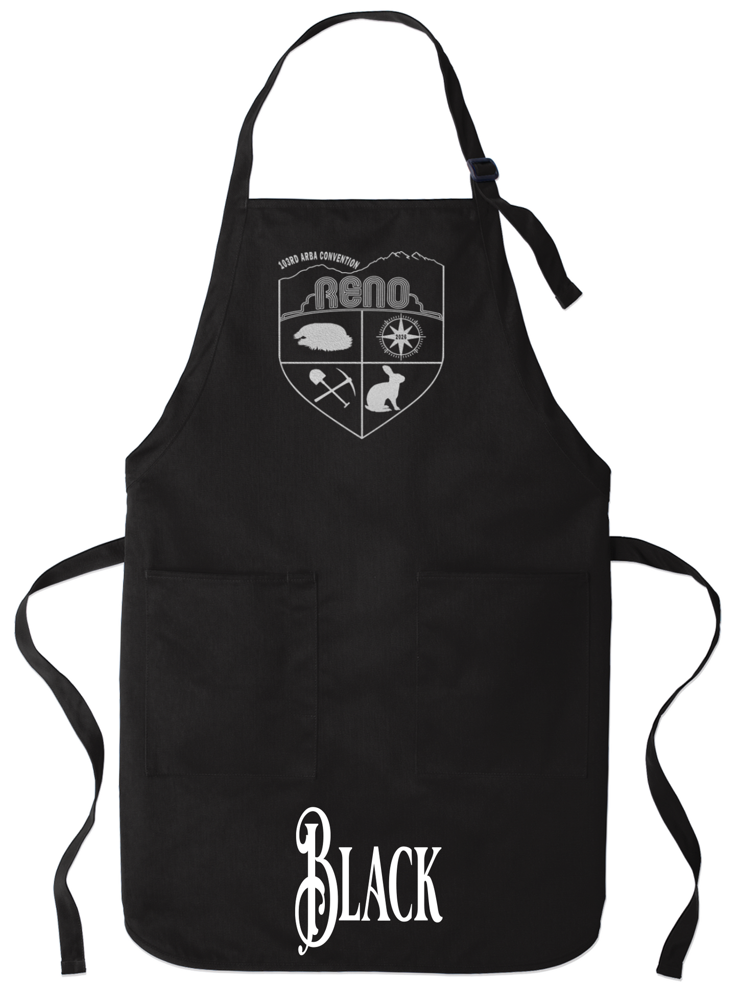 Black apron with the Biggest Little Reunion crest in metallic silver - a rabbit, a cavy, a pick and shovel, and a compass under the Reno arch. 103rd ARBA Convention.