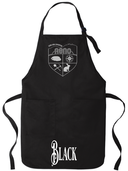 Black apron with the Biggest Little Reunion crest in metallic silver - a rabbit, a cavy, a pick and shovel, and a compass under the Reno arch. 103rd ARBA Convention.