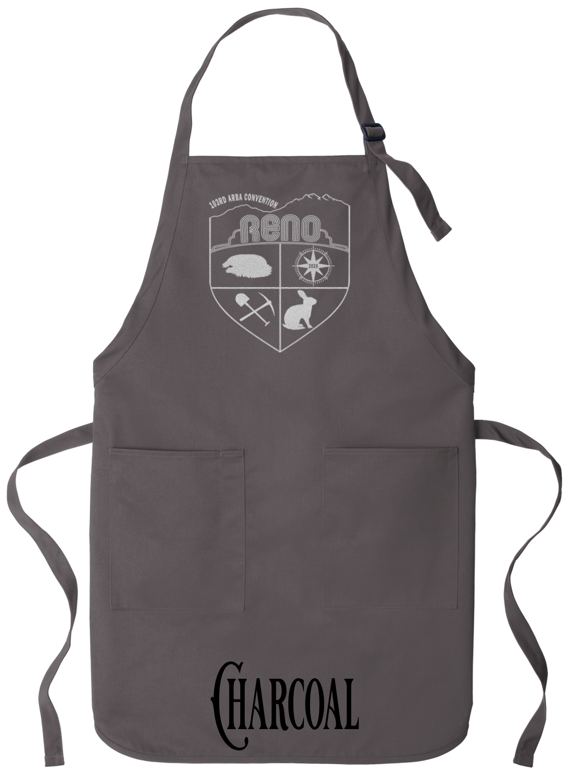 Charcoal apron with the Biggest Little Reunion crest in metallic silver - a rabbit, a cavy, a pick and shovel, and a compass under the Reno arch. 103rd ARBA Convention.