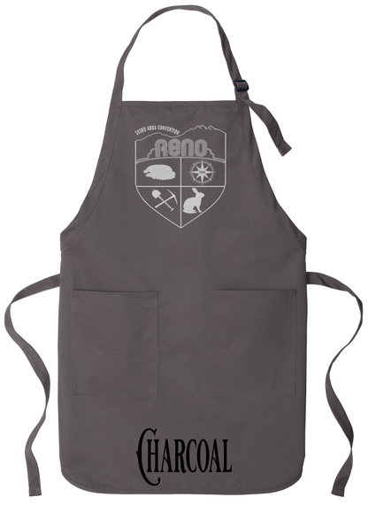 Charcoal apron with the Biggest Little Reunion crest in metallic silver - a rabbit, a cavy, a pick and shovel, and a compass under the Reno arch. 103rd ARBA Convention.